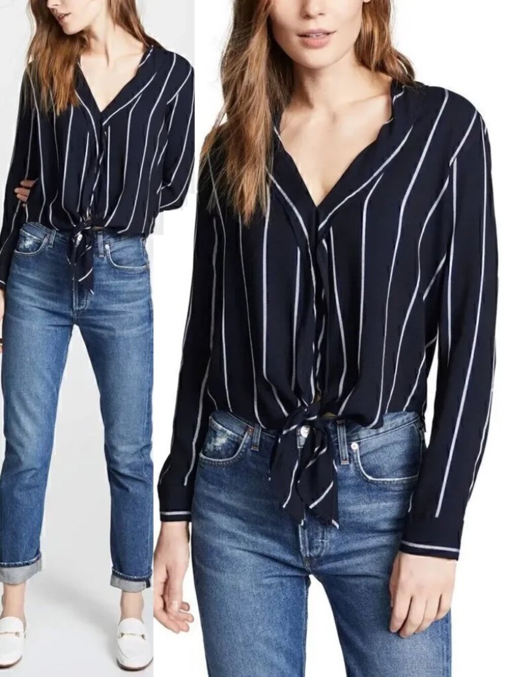 Rails Ava Livorno Striped Metallic Tie-Front Blouse Top L Navy Blue VNeck Preppy